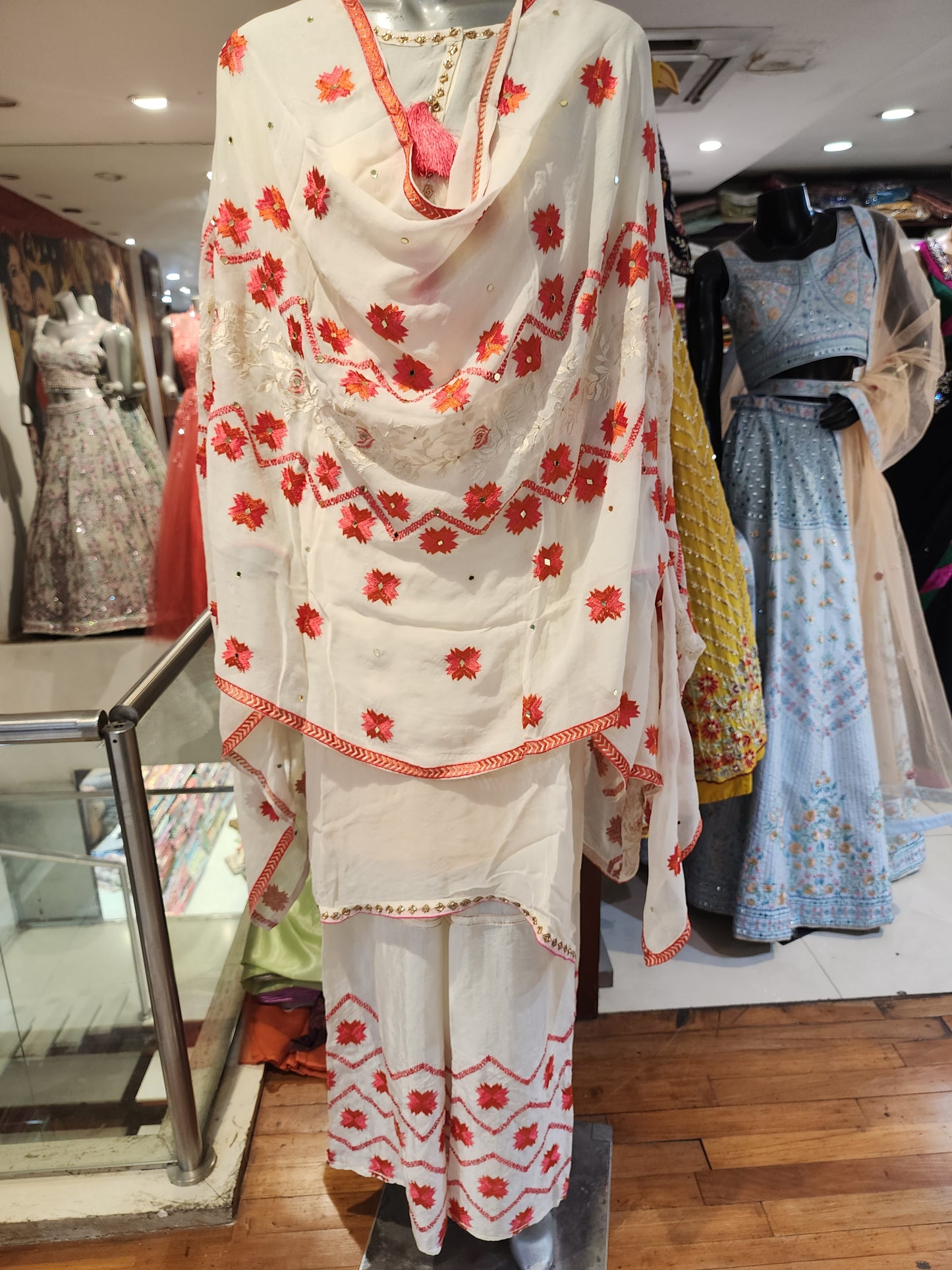 Cream colour georgette sharara semi stich  suit   , phulkari work large/XL  size sharara