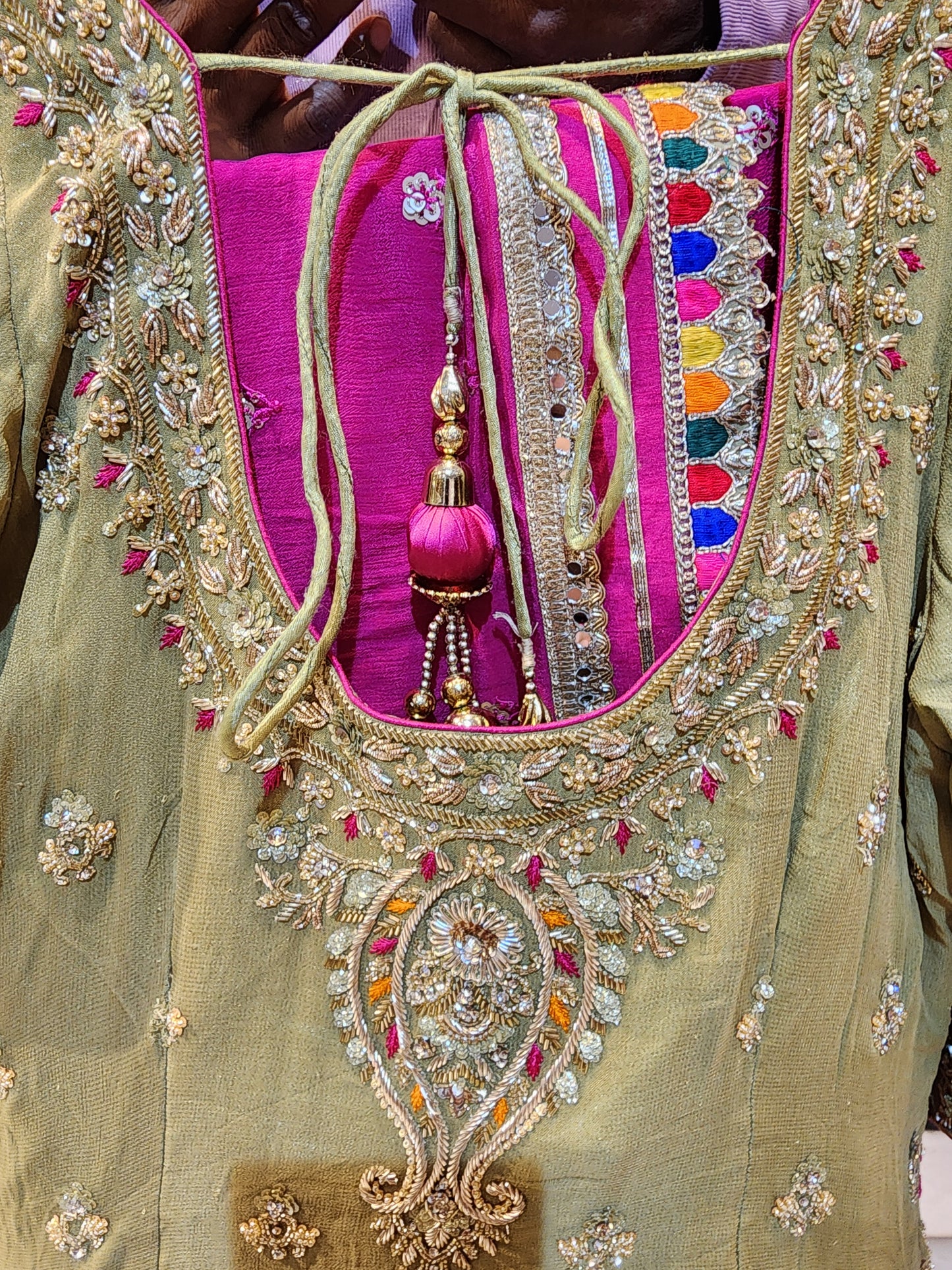 Pista Green handwork shirt and lakhnavi sequins  lehanga with magenta dupatta with border