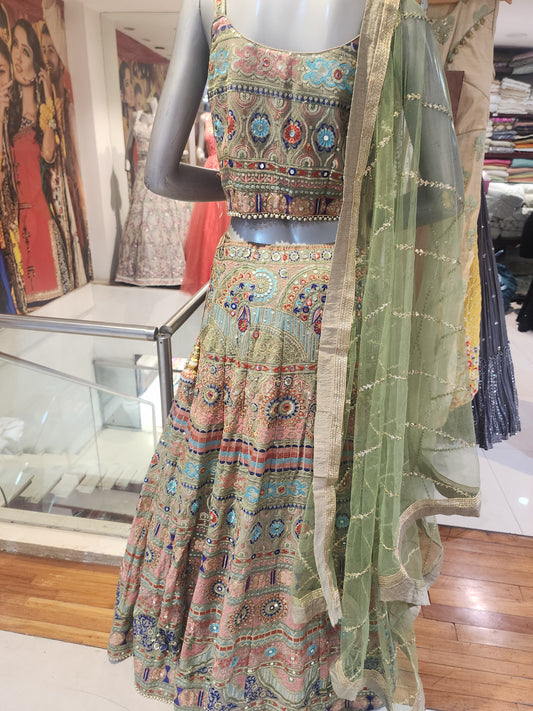 Fabrication georgette multicolored lehanga with net dupatta
