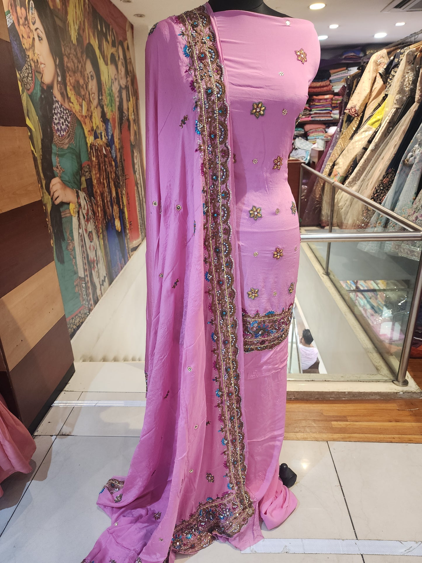 Pink Pure crepe multi colour kunden work + antique zari work suit with four side border chinnon  chiffon  dupatta