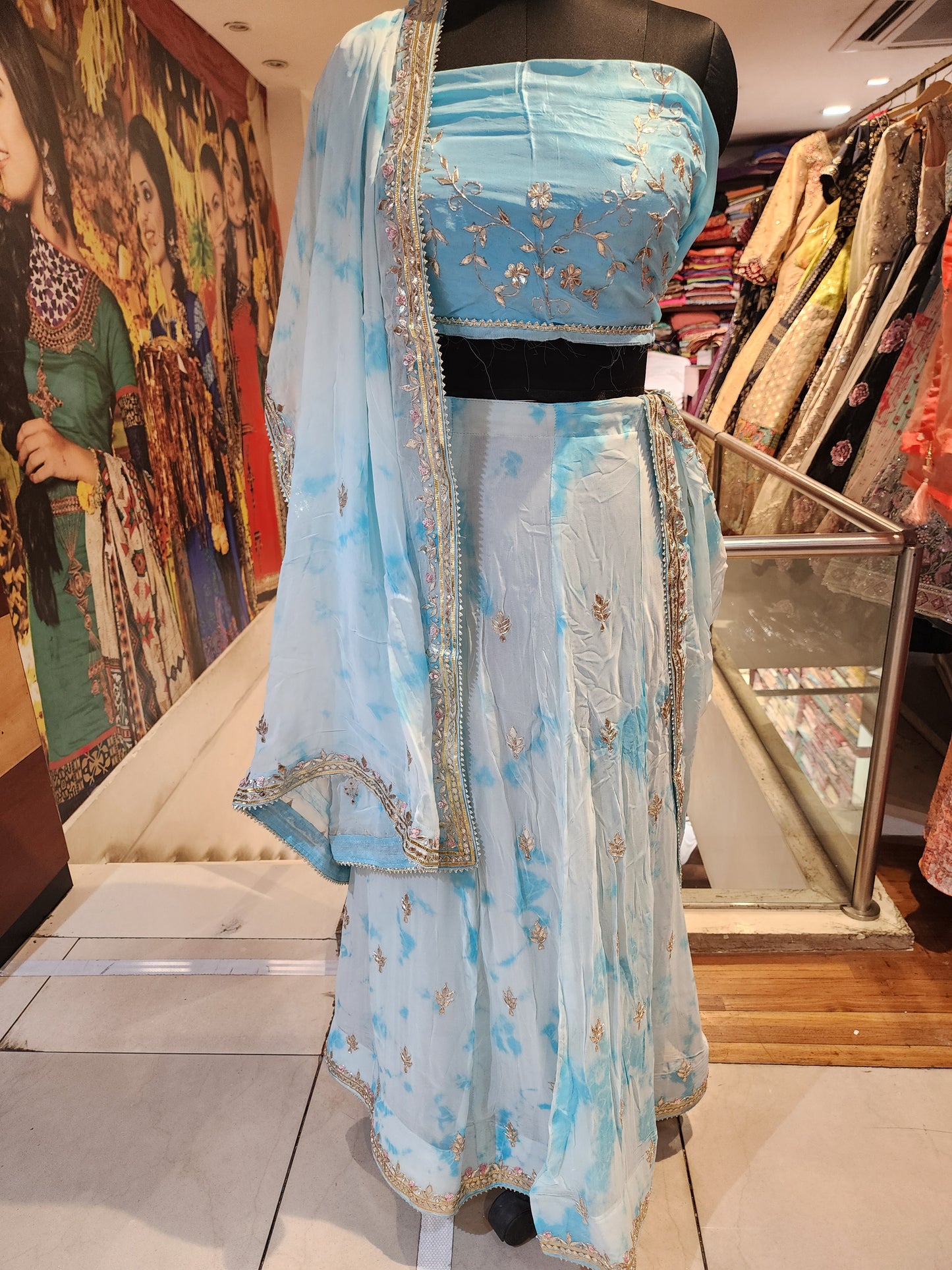 Firozi tie and dye  georgette  lehanga  with gota patti work