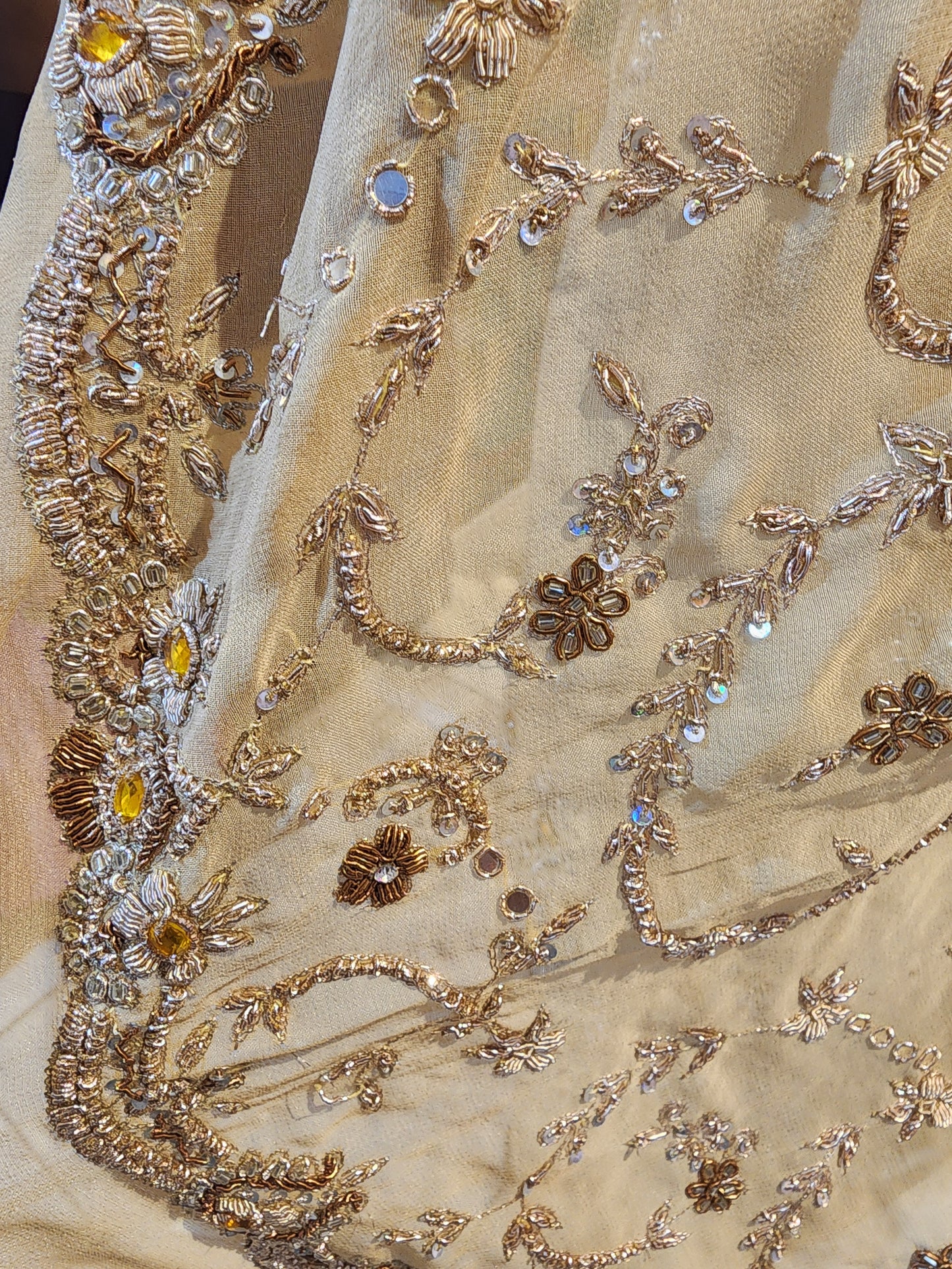 Golden pure crepe dabka work suit  with heavy jaal work dupatta