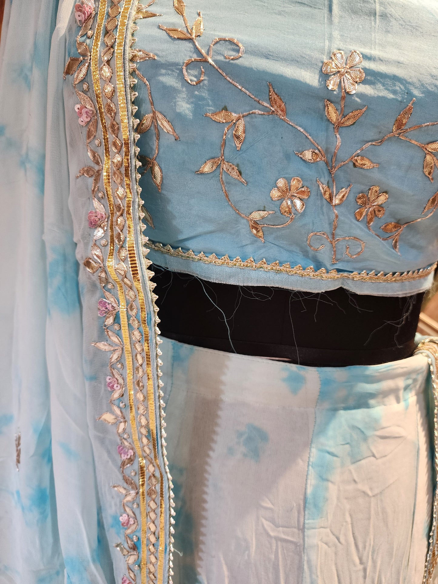 Firozi tie and dye  georgette  lehanga  with gota patti work