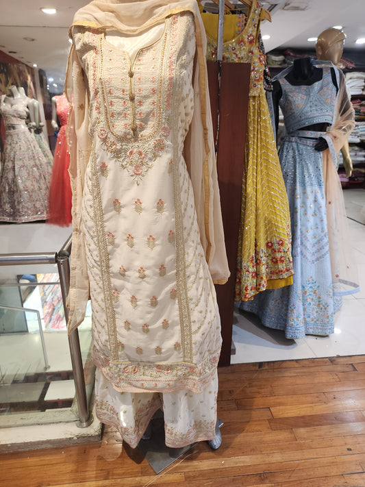 Cream colour  georgette machine thread work sharara suit