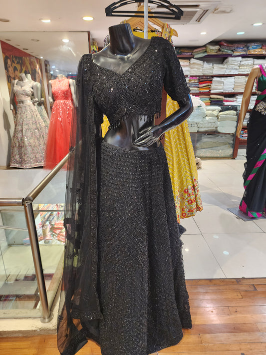 Black lehenga net fabric with handwork cutdana