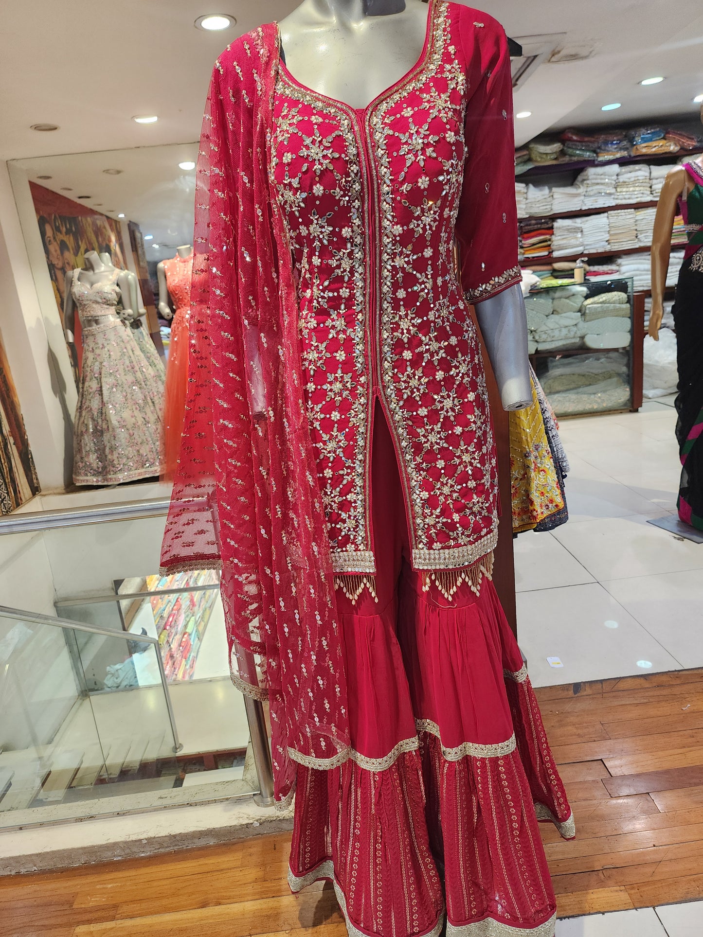Red georgette mirror work sharara suit and net  dupatta