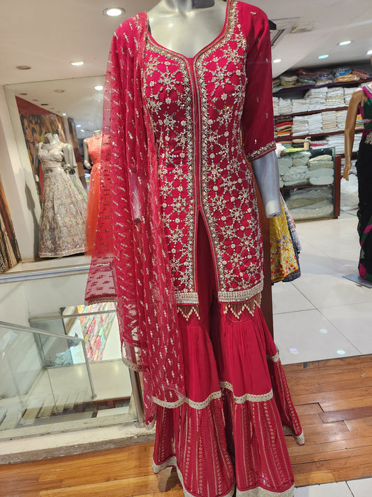 Red georgette mirror work sharara suit and net  dupatta