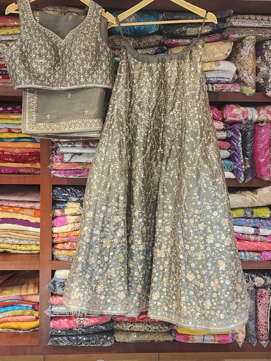 Pure tissue silk sequins and thread work lehanga choli with dupatta , space  Grey colour