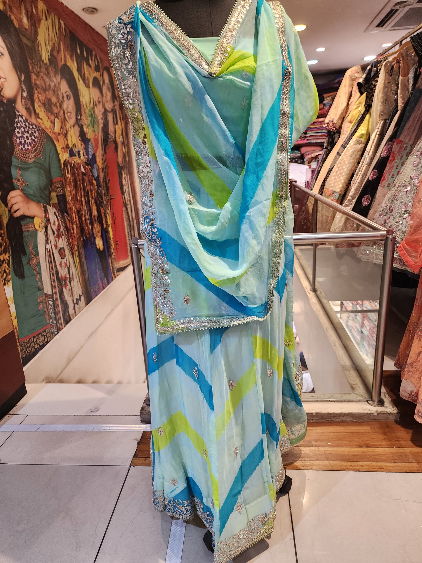 Rajasthani style Lehariya georgette lehenga, gota patti work