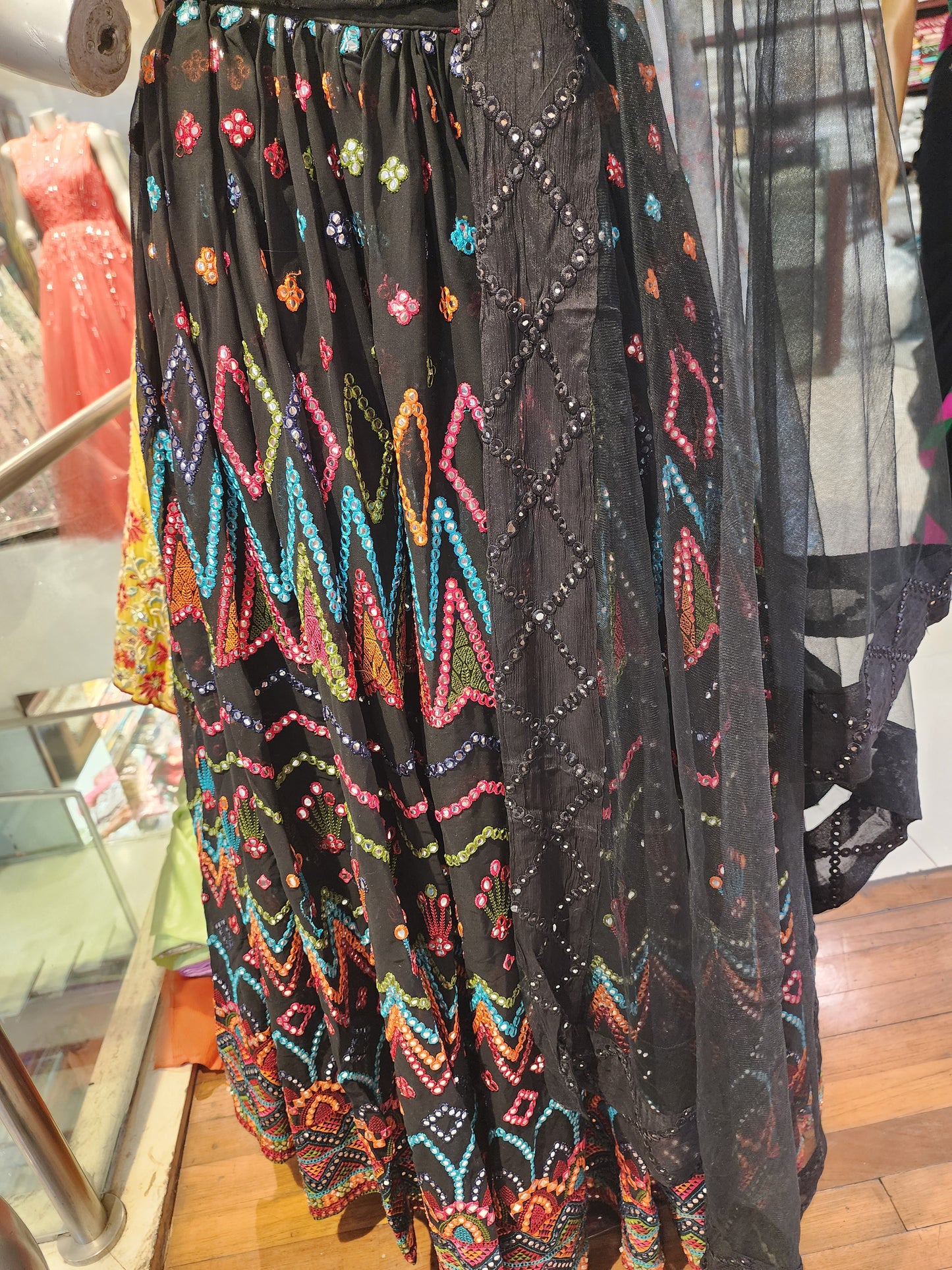 Black colour semi georgette  multicolour lezar work lehanga with net dupatta