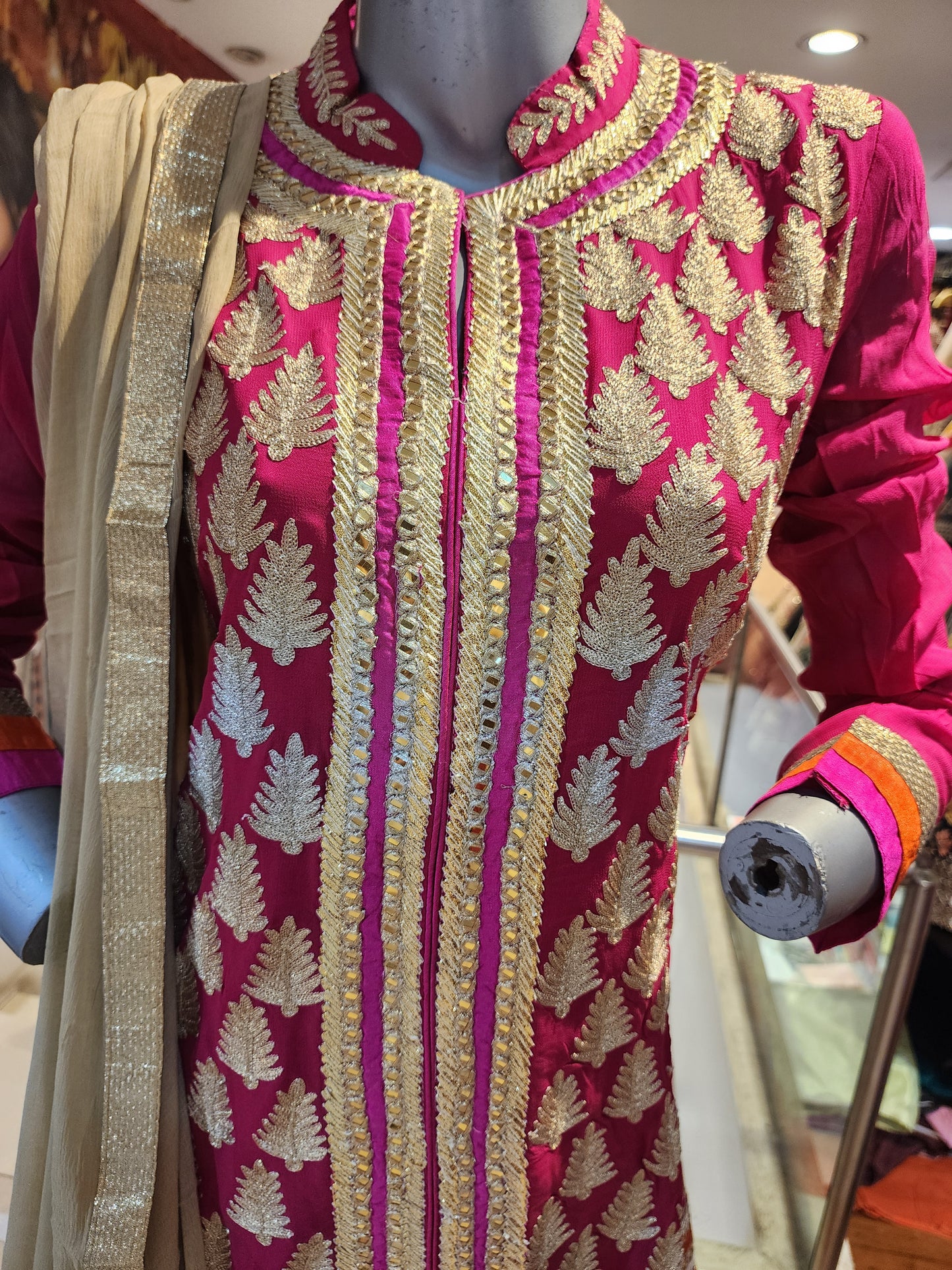 Magenta colour georgette Golden  sharara suit dori + gota + mirror work , bottom self crepe