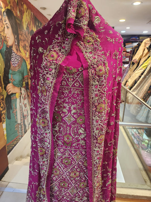 Pink Pure crepe kunden work suit with light blue four side border  dupatta
