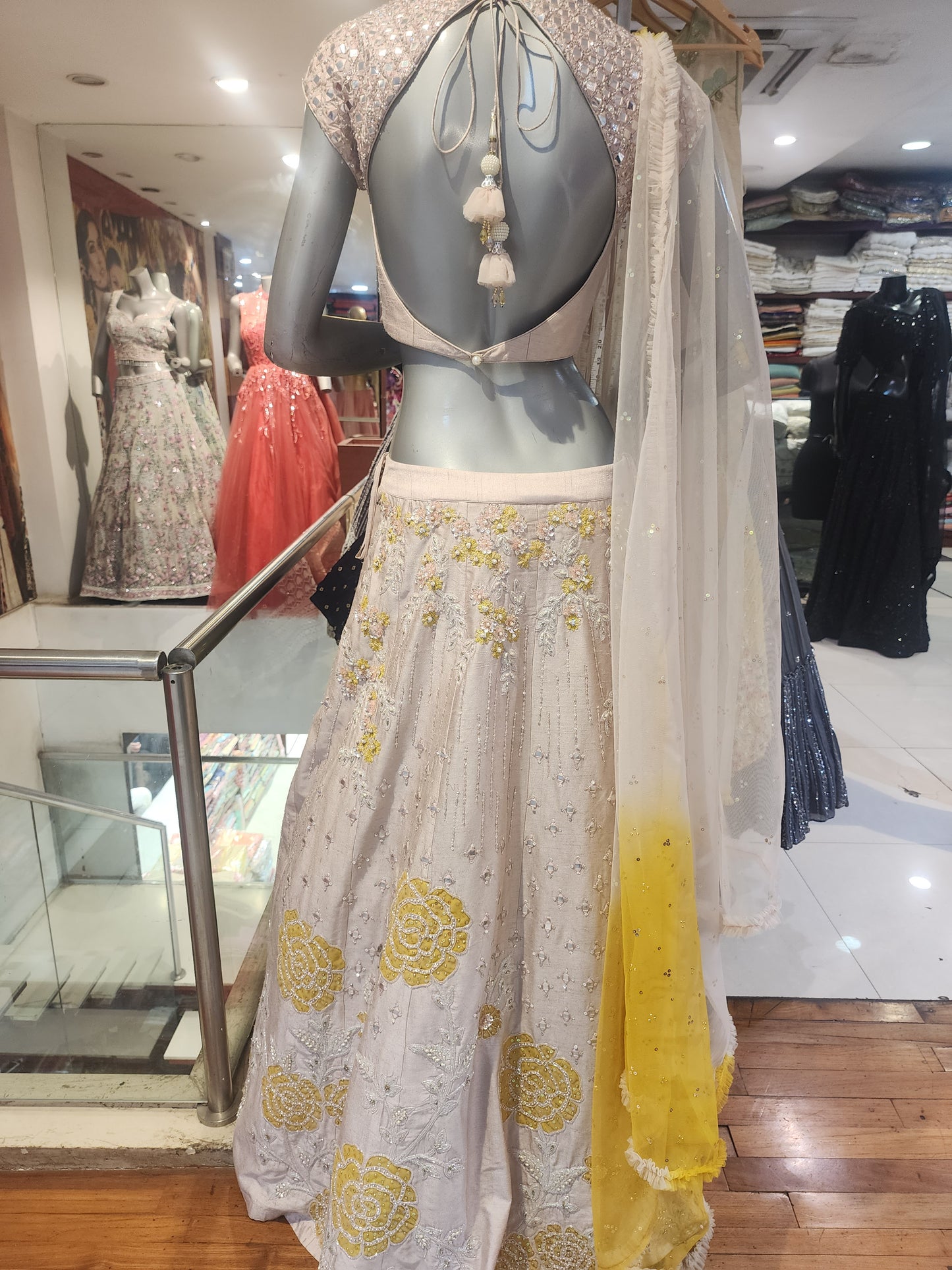 Dusty pink colour lahanga resham +pearl +sequins +mirror +patch work , mirror  work blouse with net dupatta