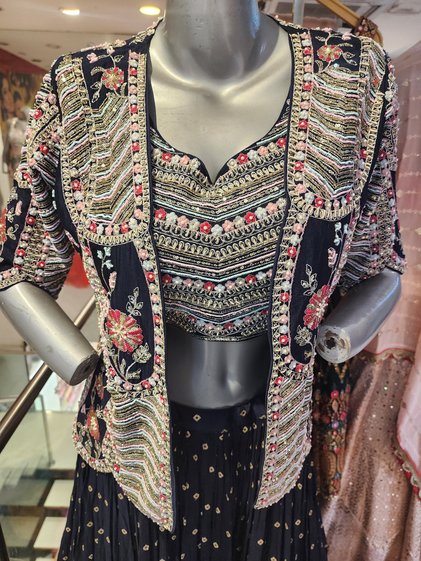 Nevy blue heavy hand work jacket and blouse and chinnon lehanga