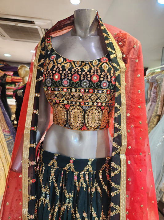 Bottle green fabrication sequins lehanga with Red colour net dupatta gota border