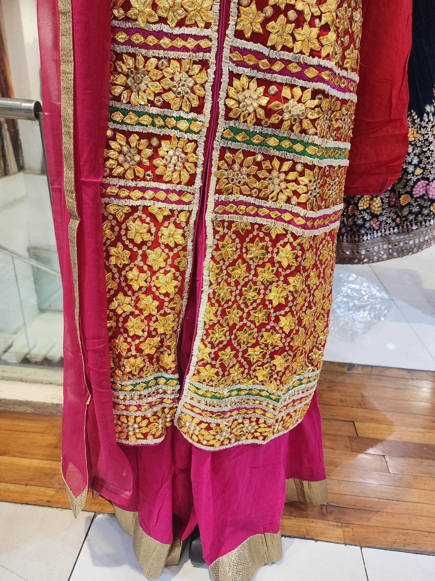 Red and magenta  georgette  sharara suit with georgette  dupatta, gota +aari +mirror work
