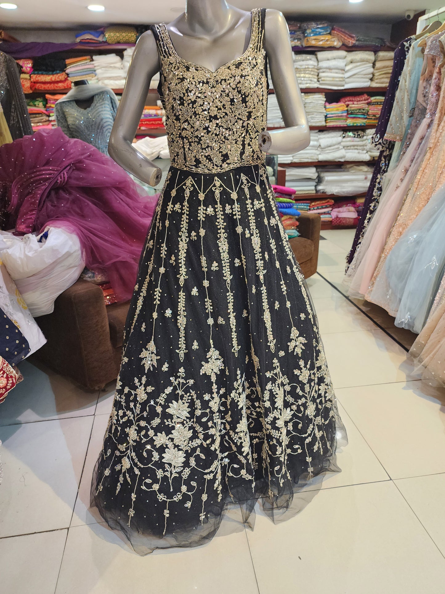 Black net dress  with dori and zari work