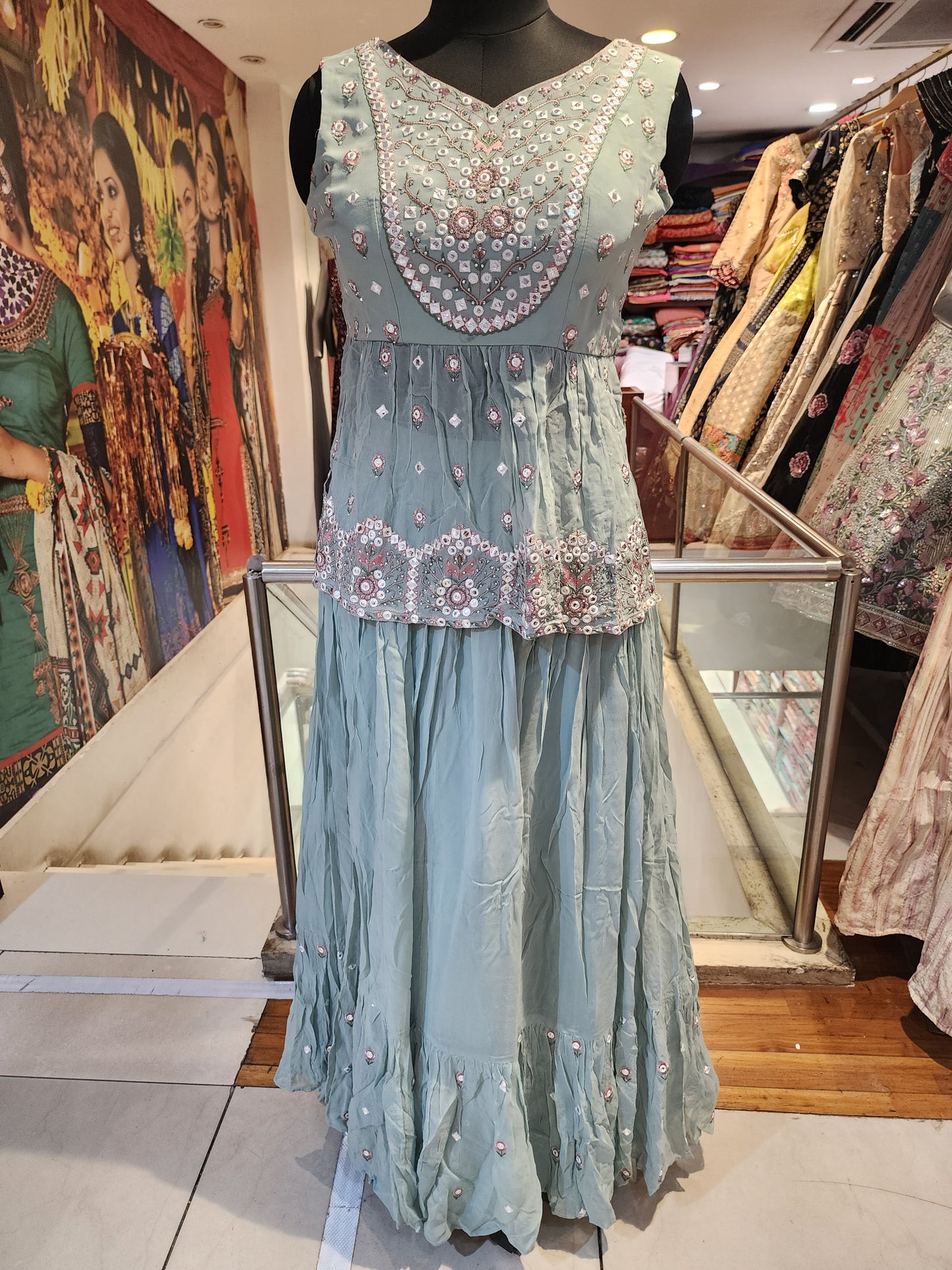 Sky blue georgette lehenga  with peplum