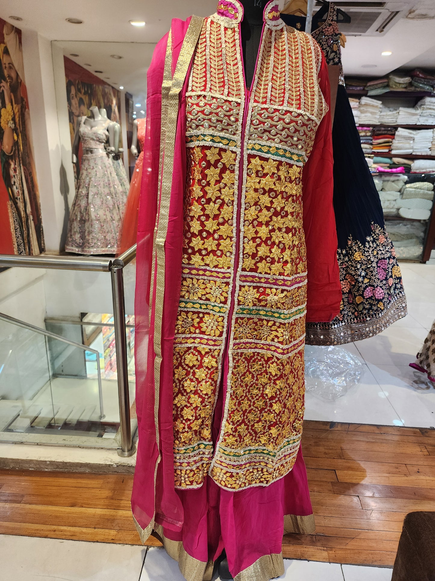 Red and magenta  georgette  sharara suit with georgette  dupatta, gota +aari +mirror work