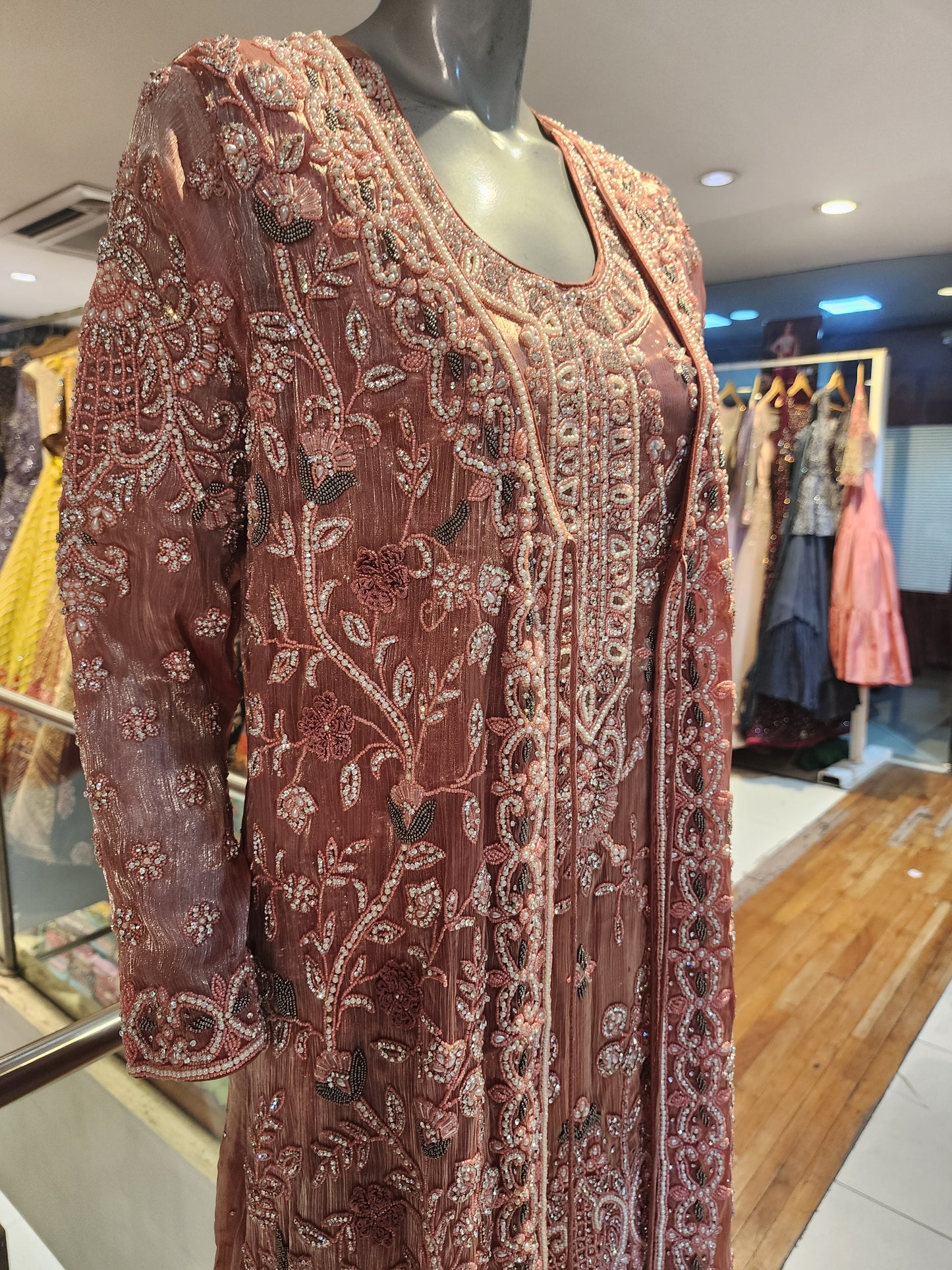 Shirt pant with heavy jacket . Pearl resham and servowski work