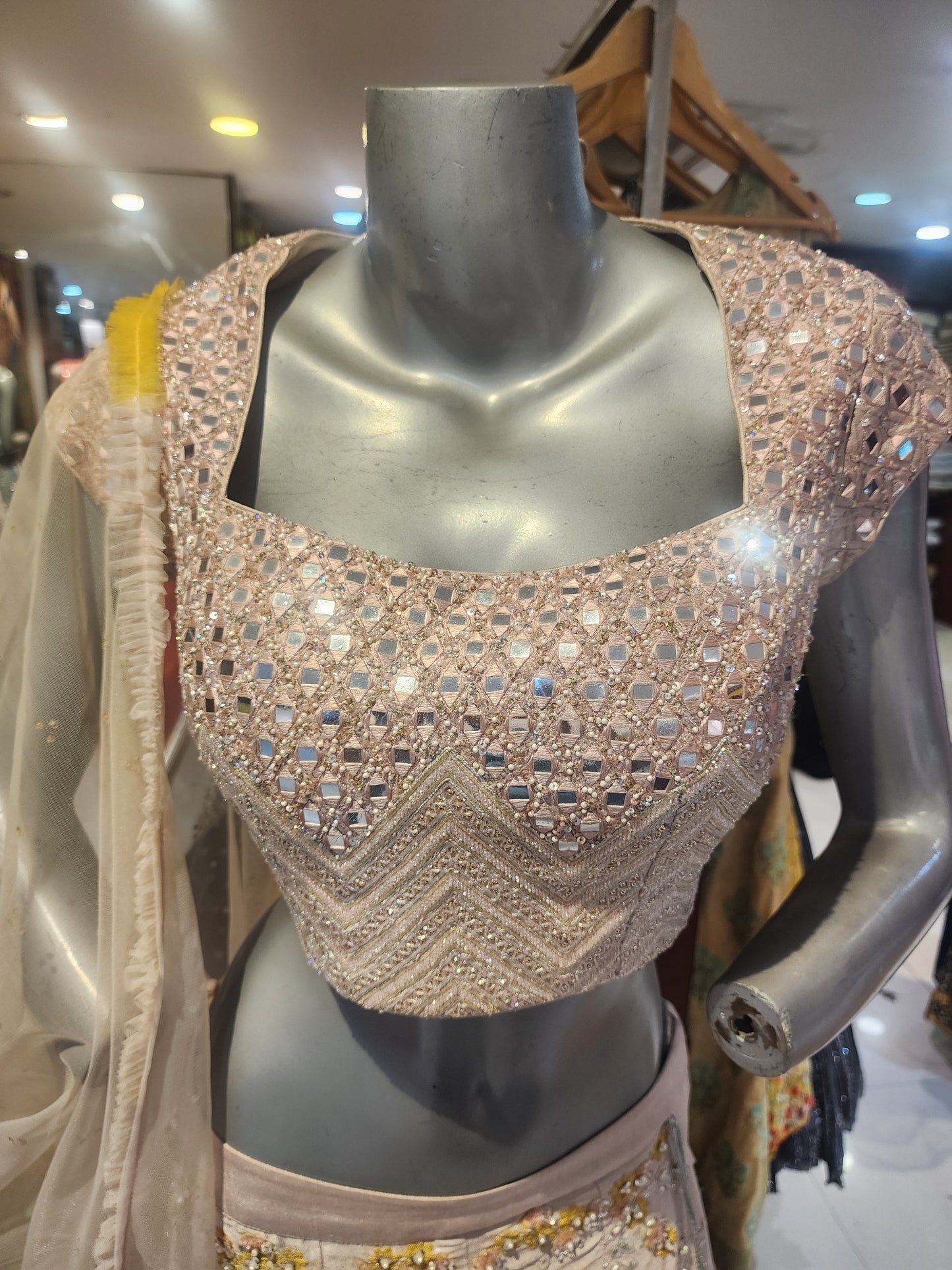 Dusty pink colour lahanga resham +pearl +sequins +mirror +patch work , mirror  work blouse with net dupatta