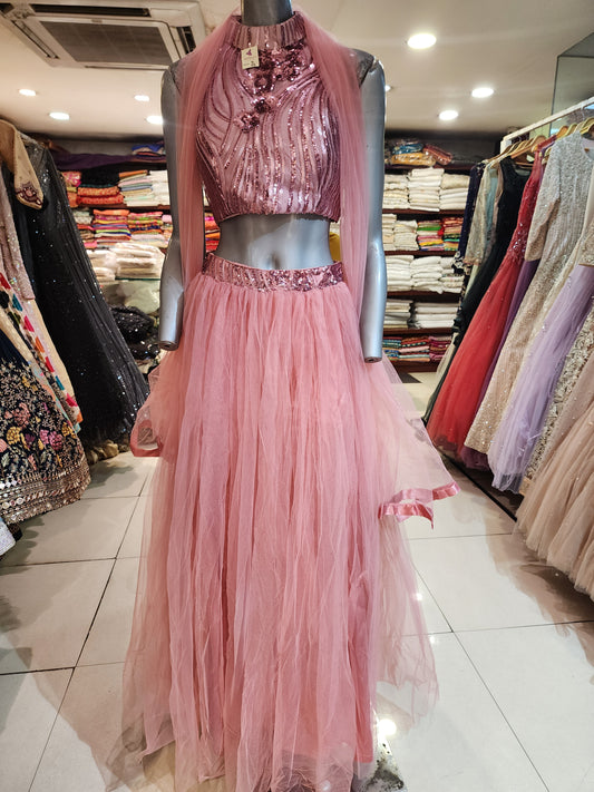 Pink chromium net  lehenga