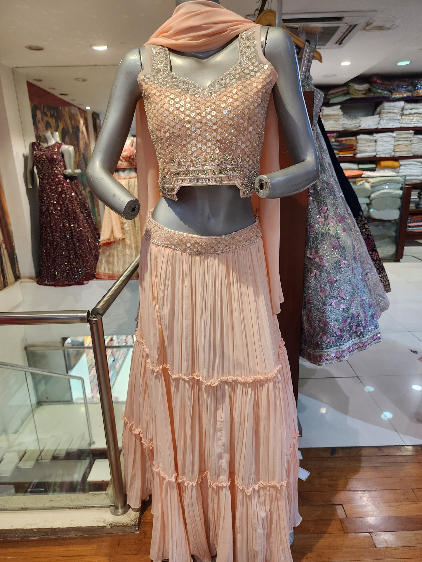 Peach georgette flare lehenga with heavy work choli