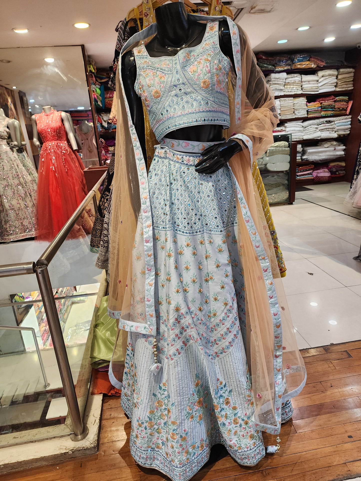 Ferozi lehenga choli with dupatta , mirror and resham work