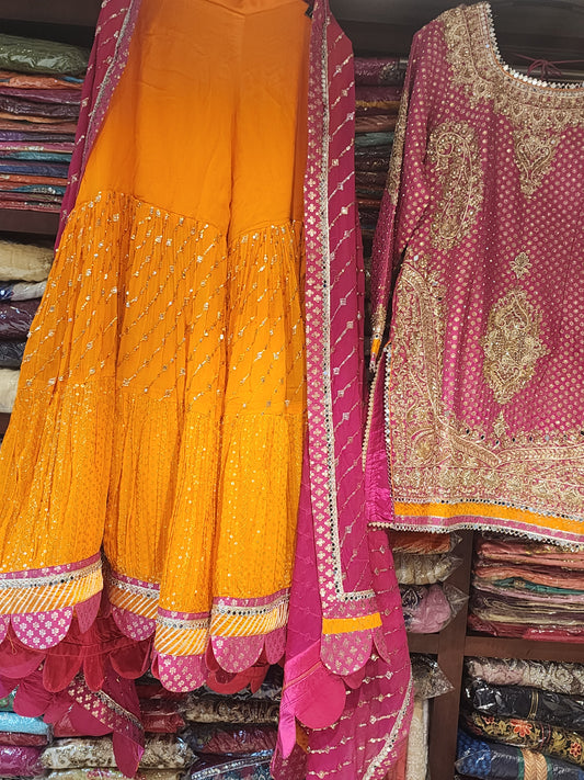 Pink and Mango colour banrasi georgette  handwork sharara shirt suit