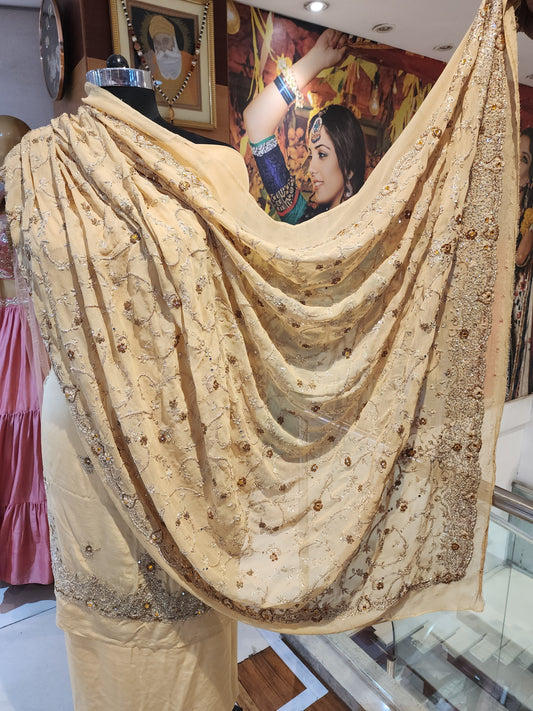 Golden pure crepe dabka work suit  with heavy jaal work dupatta