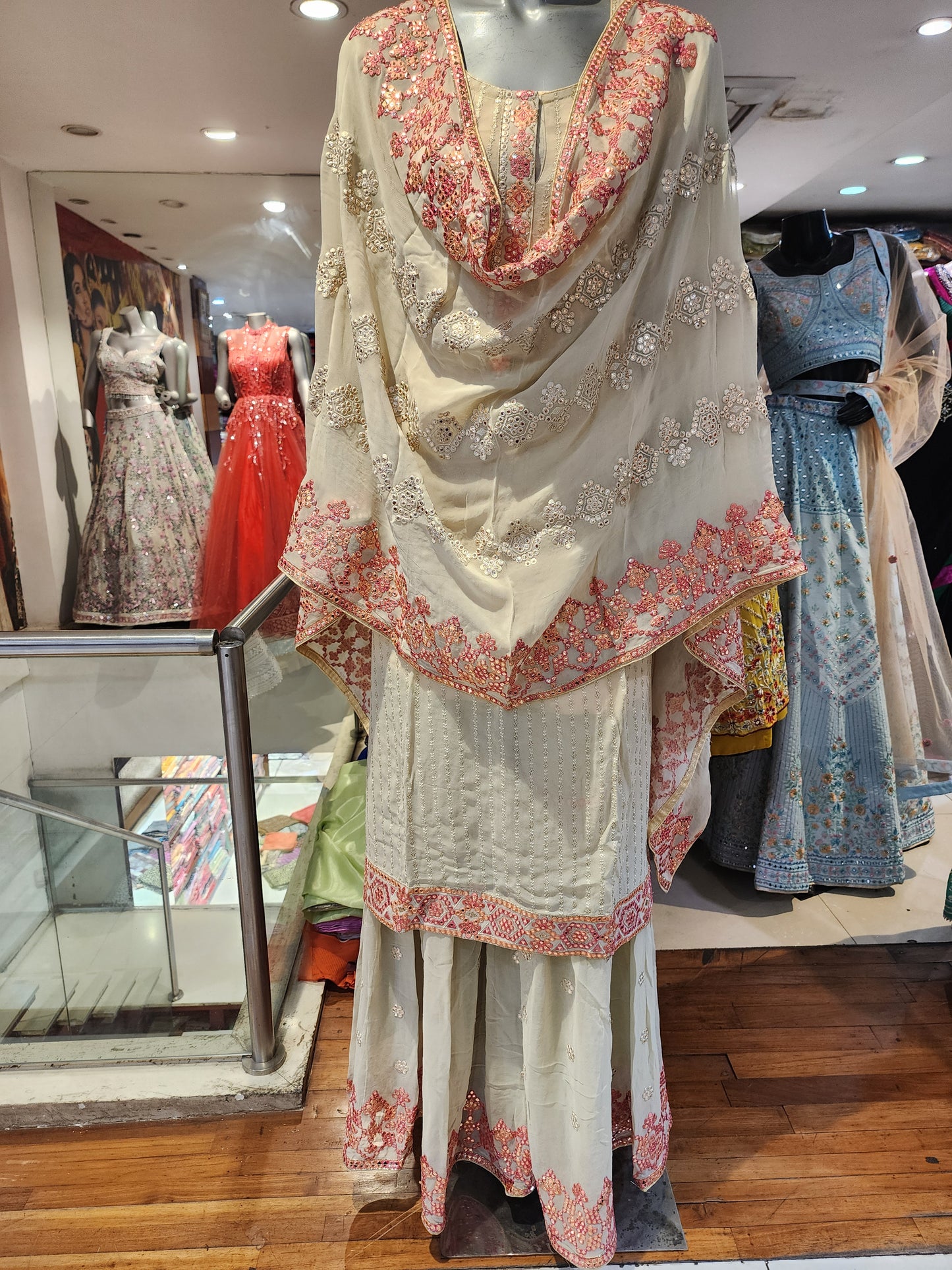 Fawn colour Garara semi stitched  Suit  Xl /L with pink border