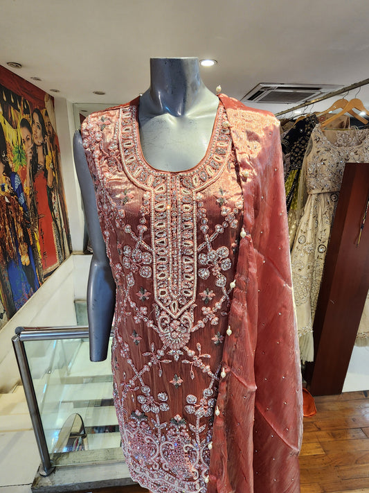 Shirt pant with heavy jacket . Pearl resham and servowski work