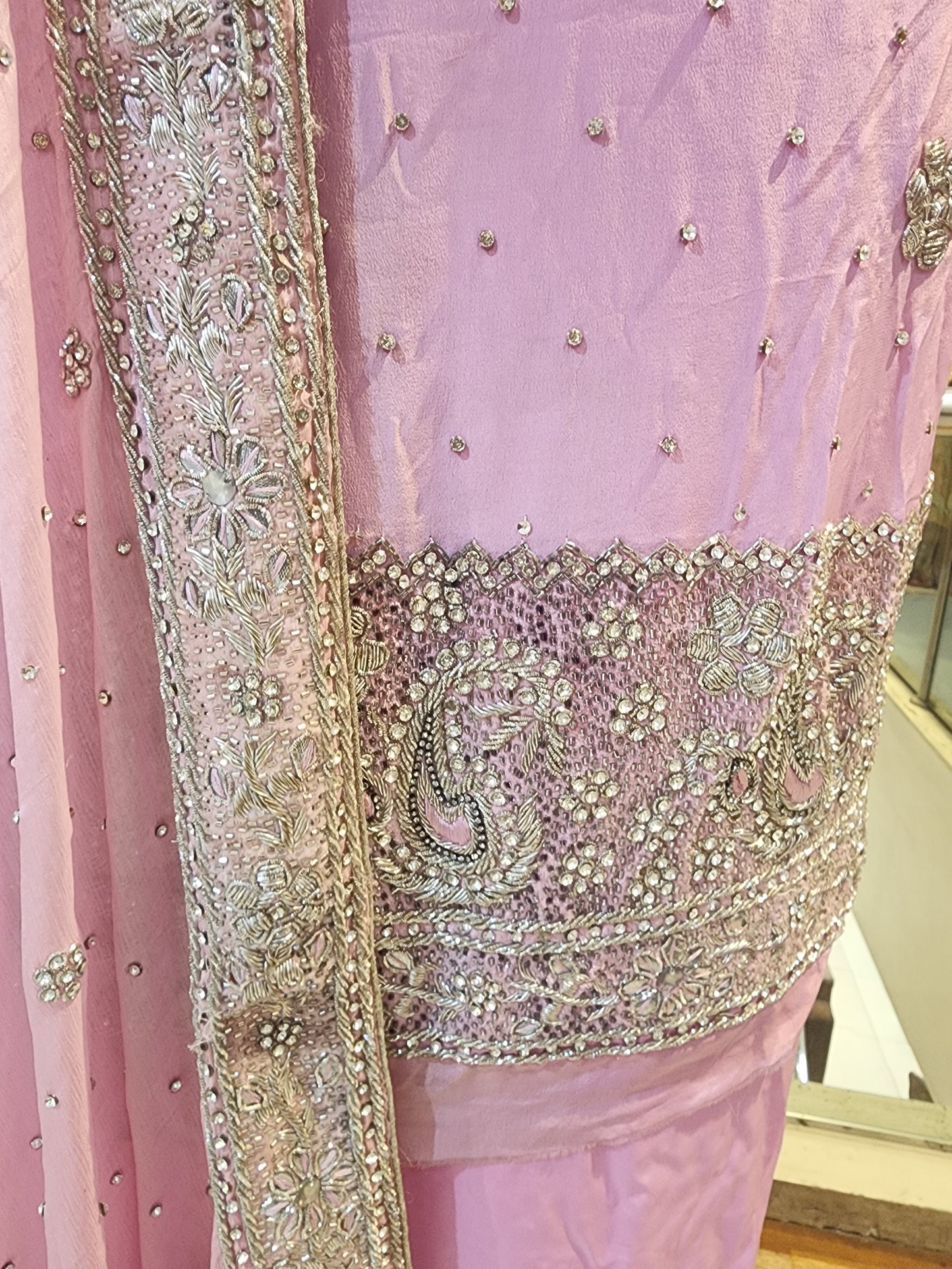 Pink Pure crepe silver dabka work +Jerkan work ,with heavy four side border  dupatta