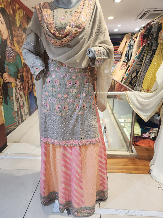 Grey  colour  georgette resham work +mirror work shirt with semi brocade peach  skirt with georgette dupatta with border ,