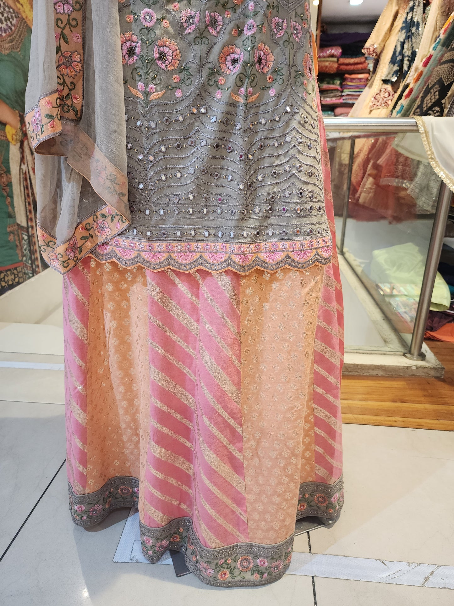 Grey  colour  georgette resham work +mirror work shirt with semi brocade peach  skirt with georgette dupatta with border ,