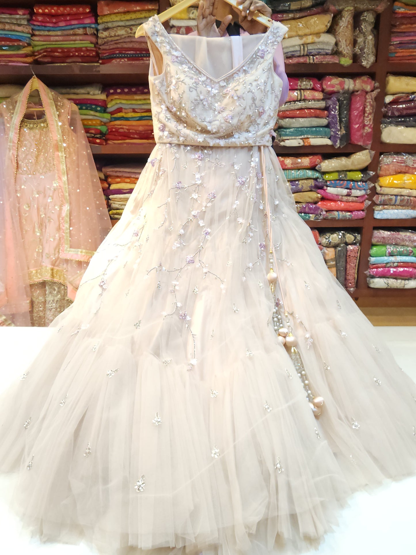 Readymade  dusty pink Pure net  lehanga with servowski  resham work