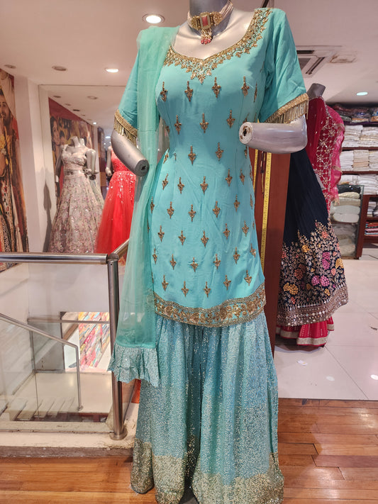 Pure georgette sea green colour sequins + cut pipes shirt and sequins garara +net dupatta