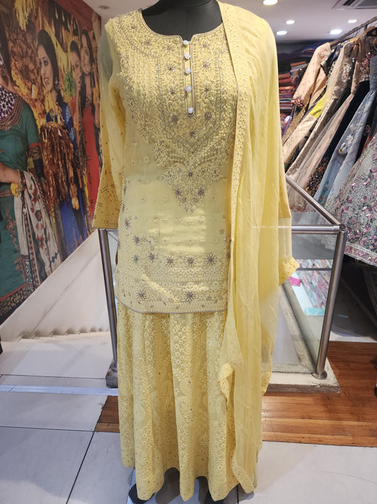 Yellow colour georgette  chikankari stitched suit with chikankari lehanga , chiffon dupatta