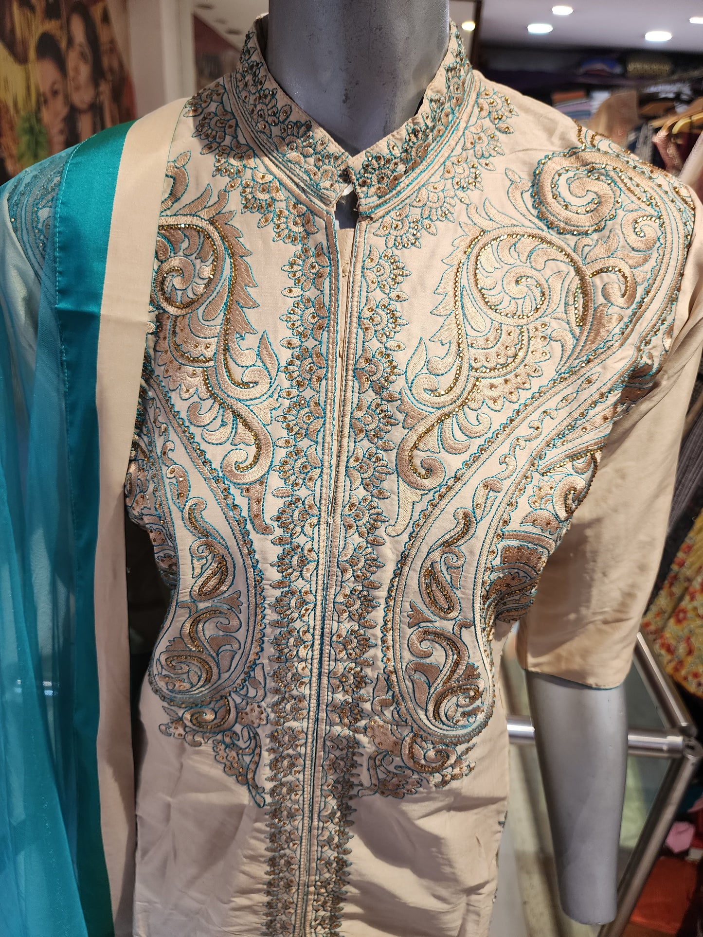 Semi silk achkan style  golden colour shirt with rama Green sharara with net dupatta