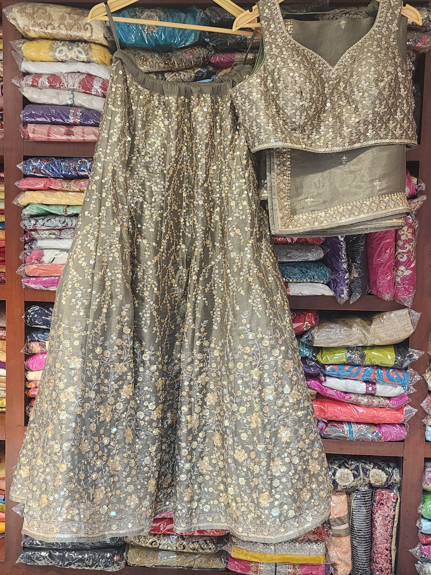 Pure tissue silk sequins and thread work lehanga choli with dupatta , space  Grey colour