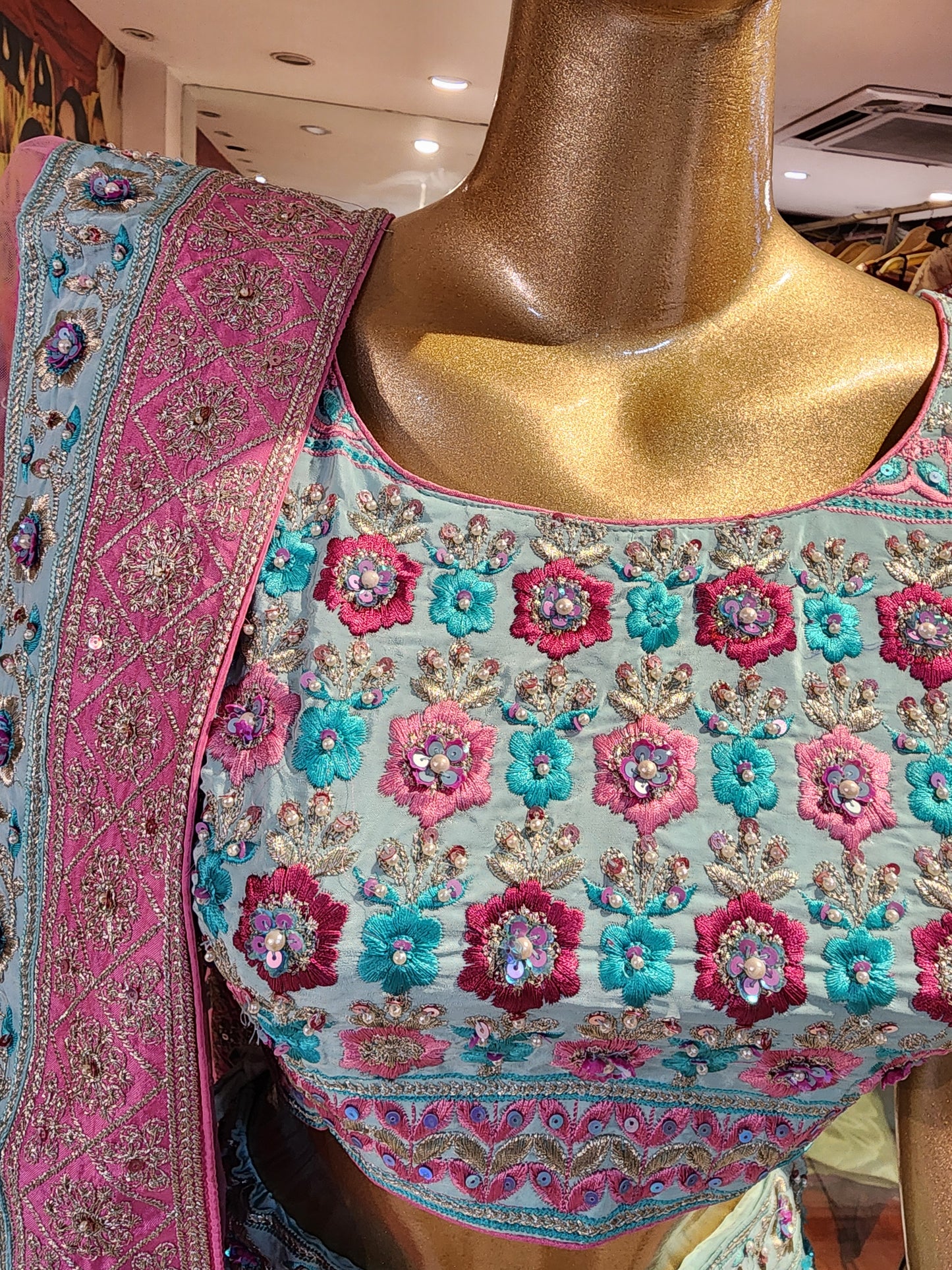 Pure crepe pure resham work firozi colour