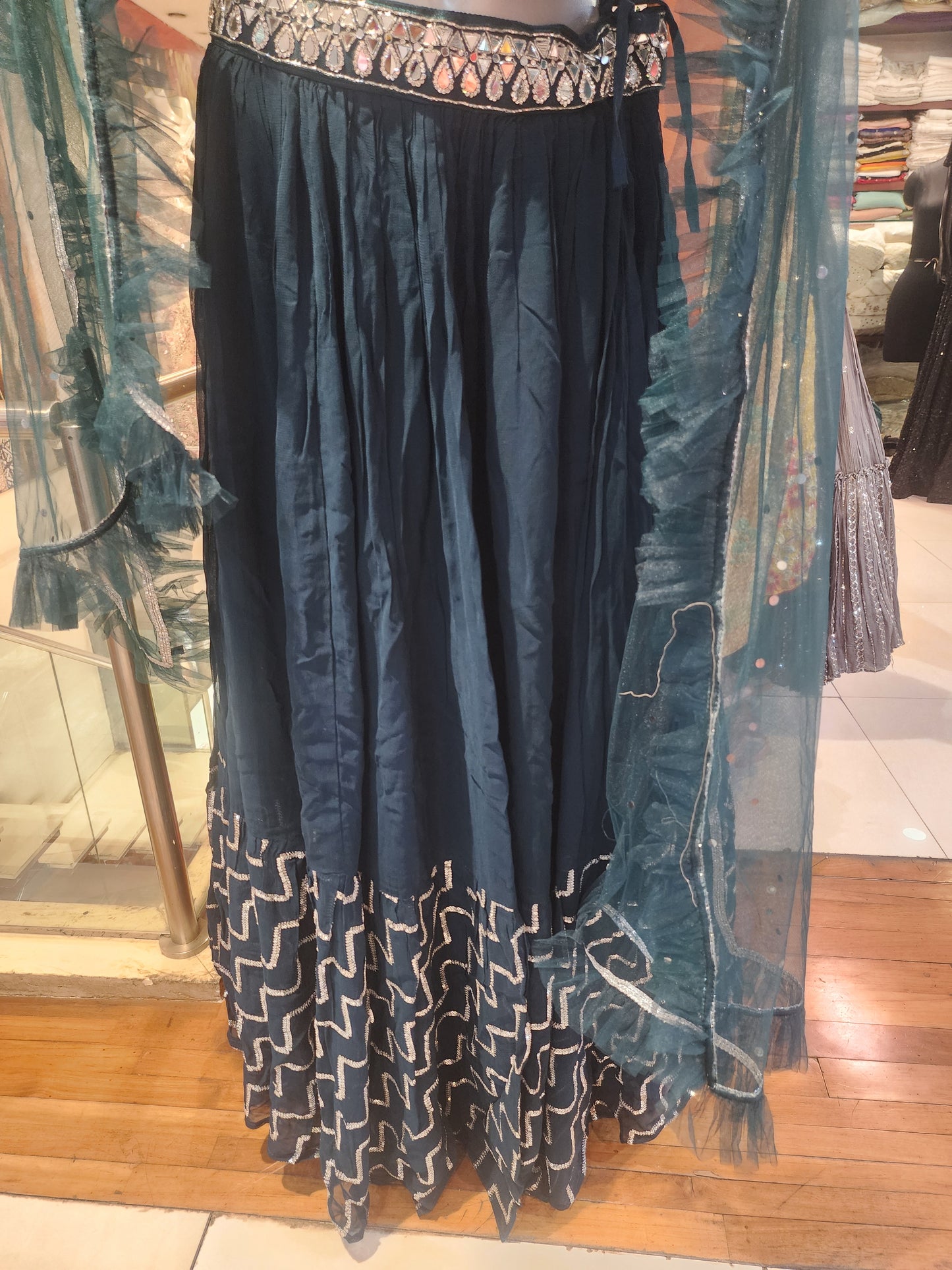 Rama Green georgette sequins lehanga with mirror+cut dana +servowski  work blouse with net dupatta