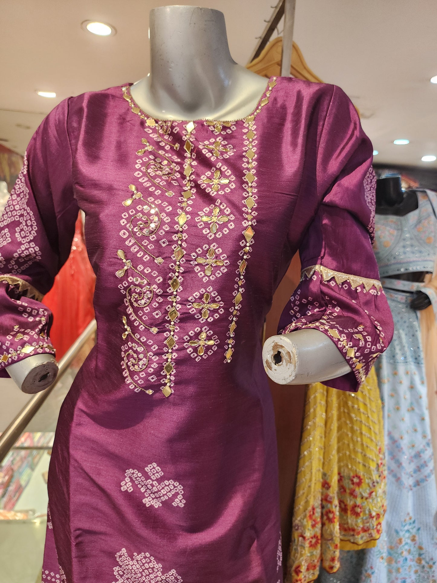 Readymade purple bandhni print suit