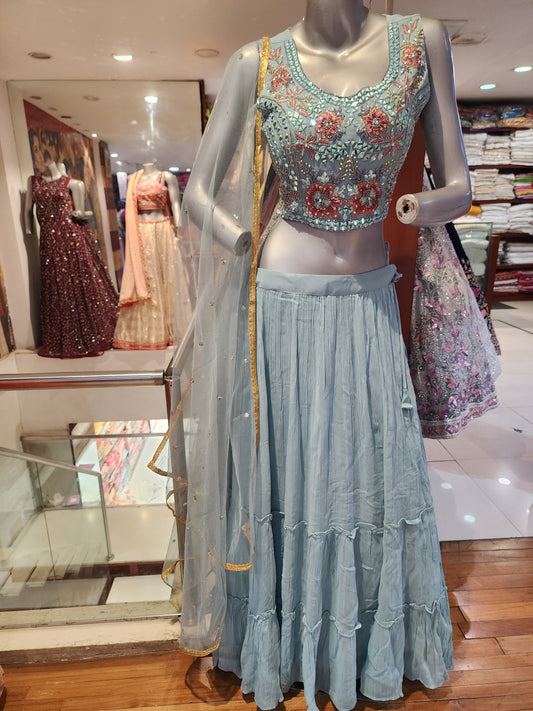 Sky blue georgette lehenga