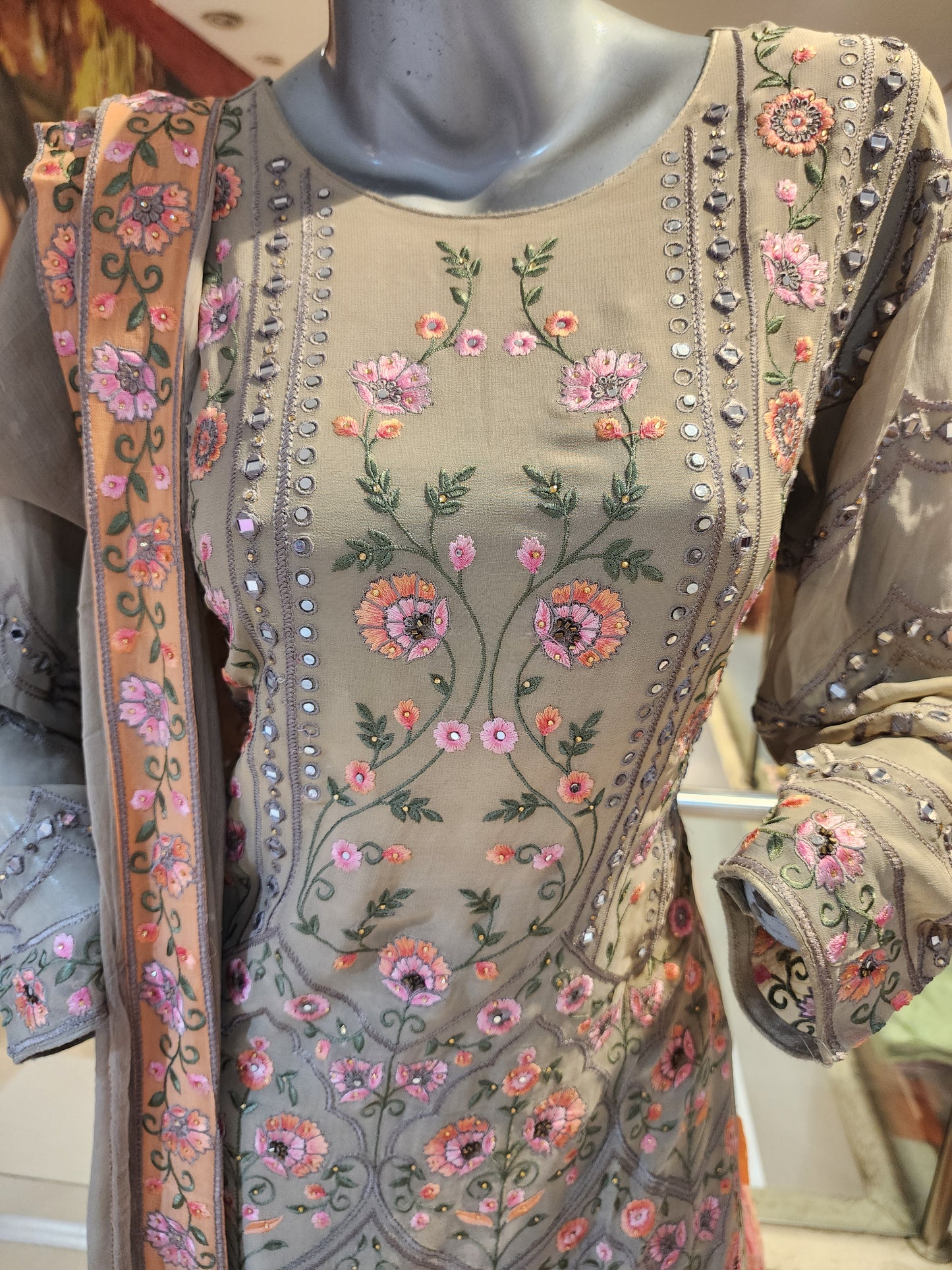 Grey  colour  georgette resham work +mirror work shirt with semi brocade peach  skirt with georgette dupatta with border ,
