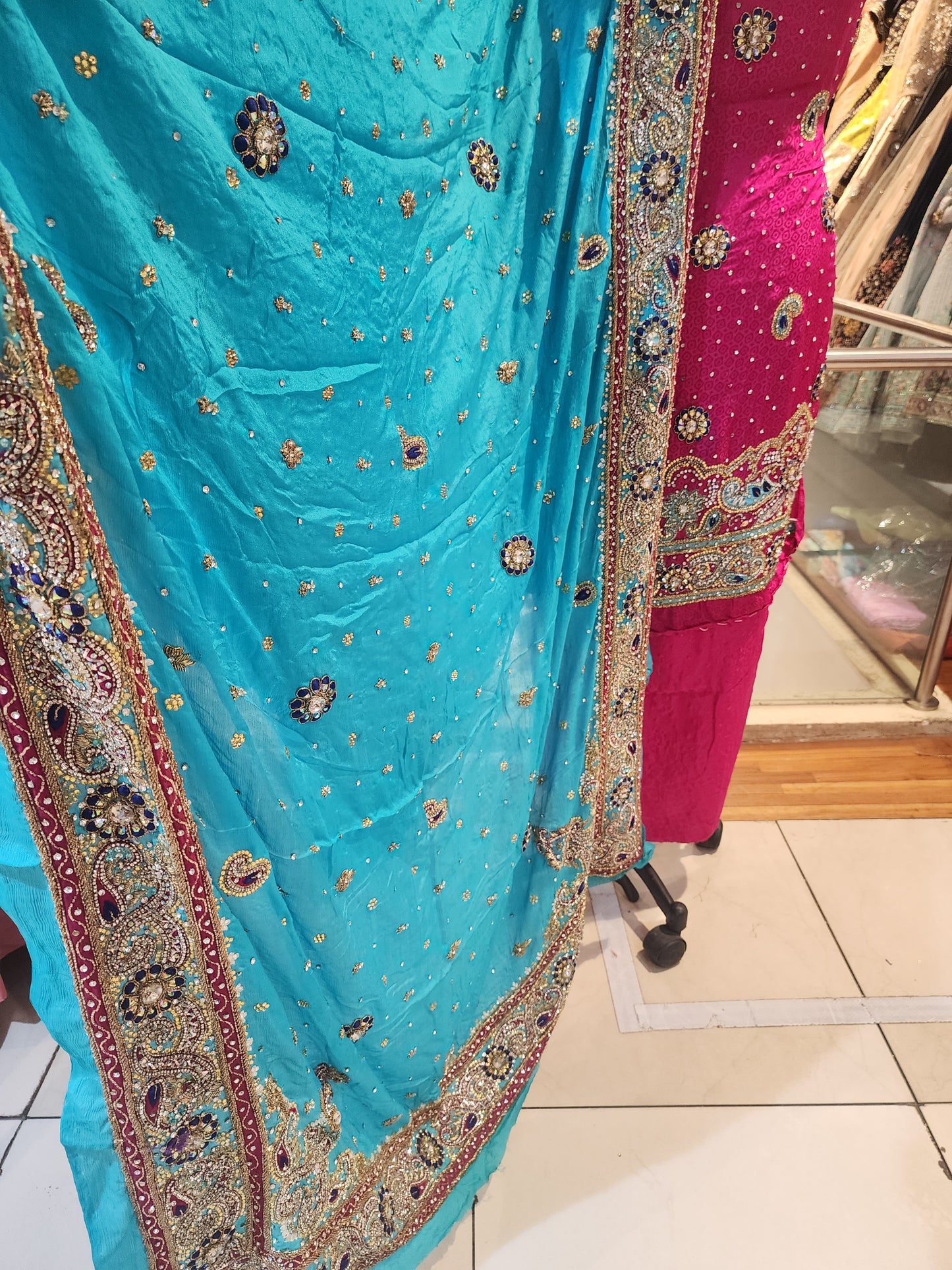 Pink Pure crepe kunden work suit with light blue four side border  dupatta