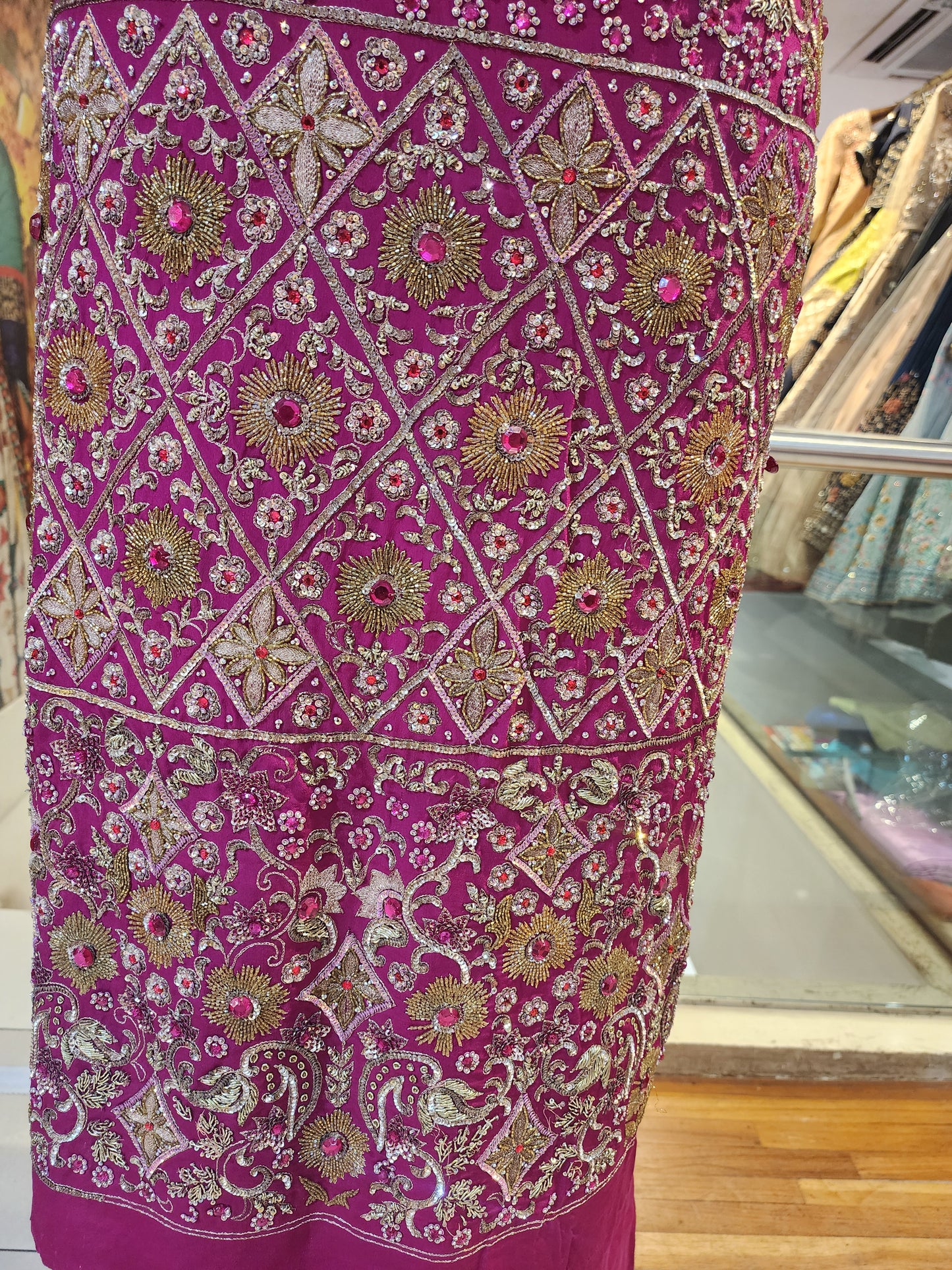 Magenta pure crepe jaal antique hand work suit with jaal antique  work dupatta