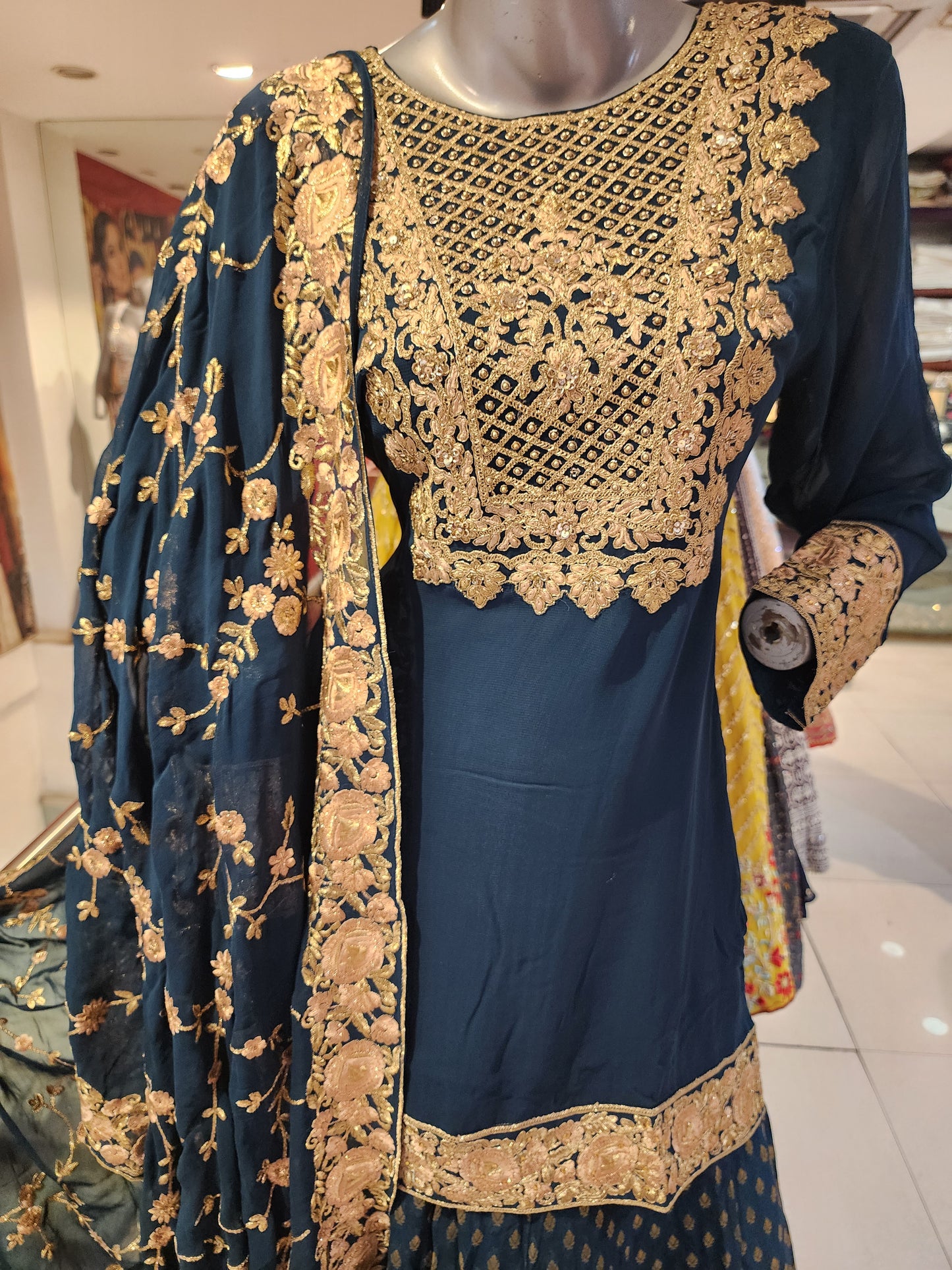 Peacock blue georgette  shirt with banarsi skirt , zari jaal dupatta