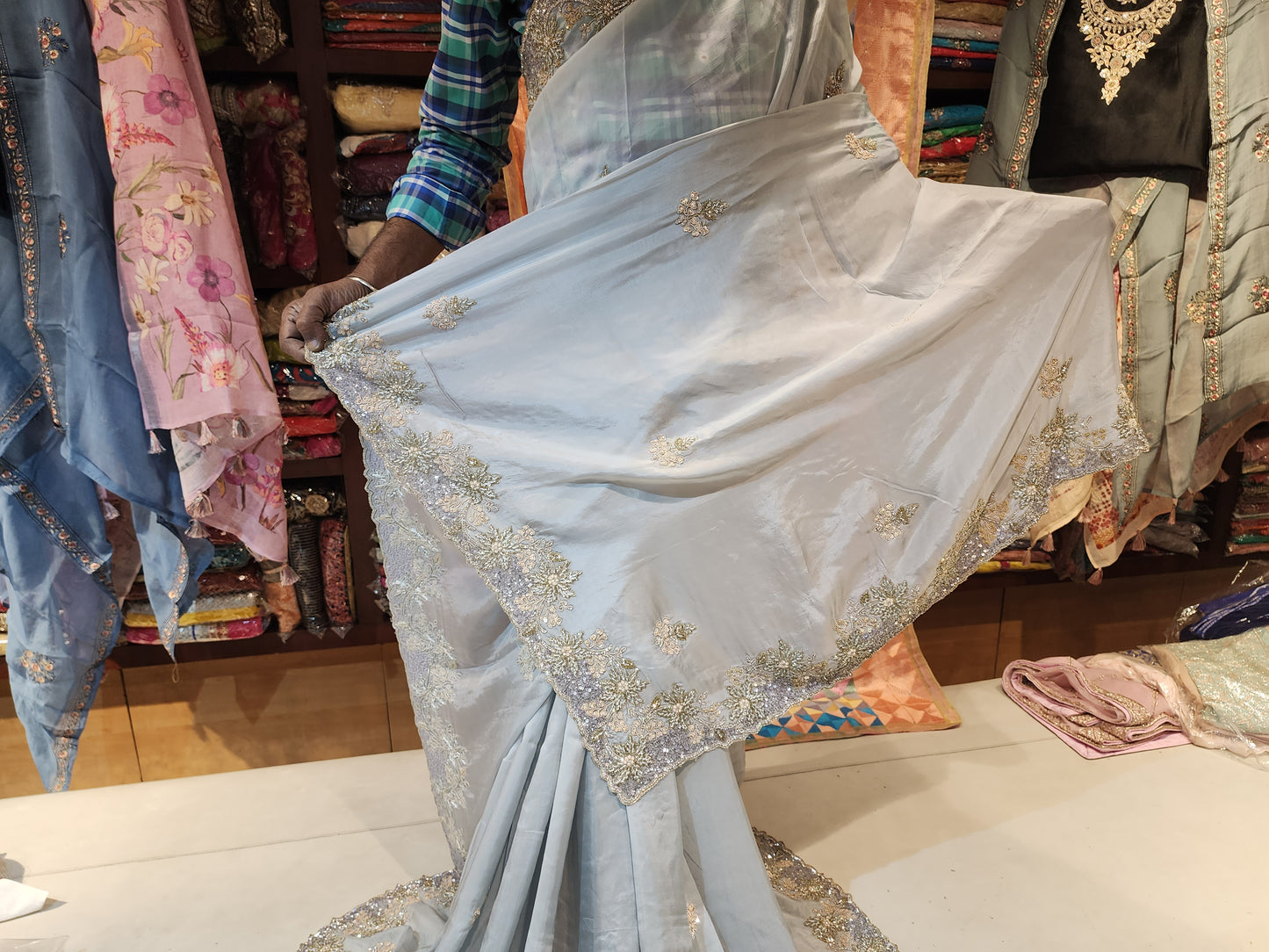 Satin silver Grey mix work