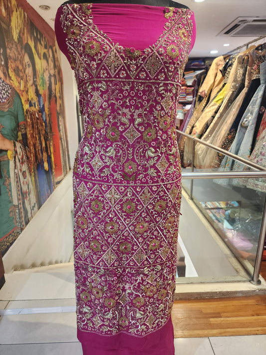 Magenta pure crepe jaal antique hand work suit with jaal antique  work dupatta